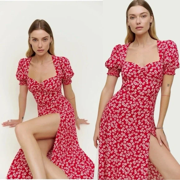 Reformation Lacey Smocked Sleeve Dress in Jenna Red Floral Size 4 - Picture 1 of 11